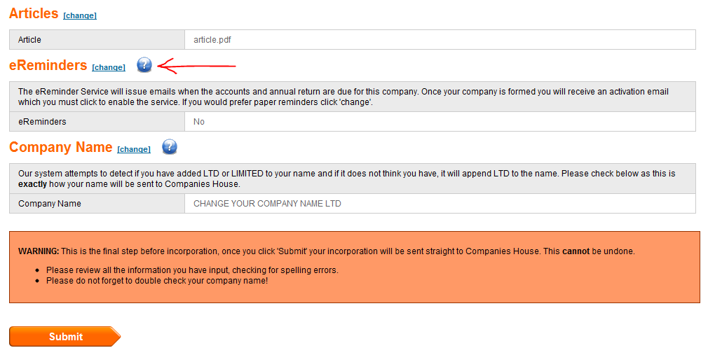 Companies House eReminders at Company Formation
